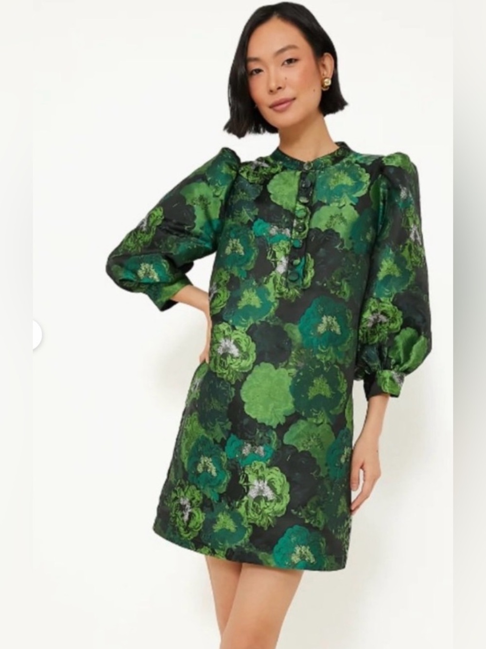 Pomander Place Green Floral Jacquard Puff-Sleeve Mini Dress